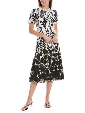 Maggy London Ruffle Neck Tiered  Black and White Floral Midi Dress size 2